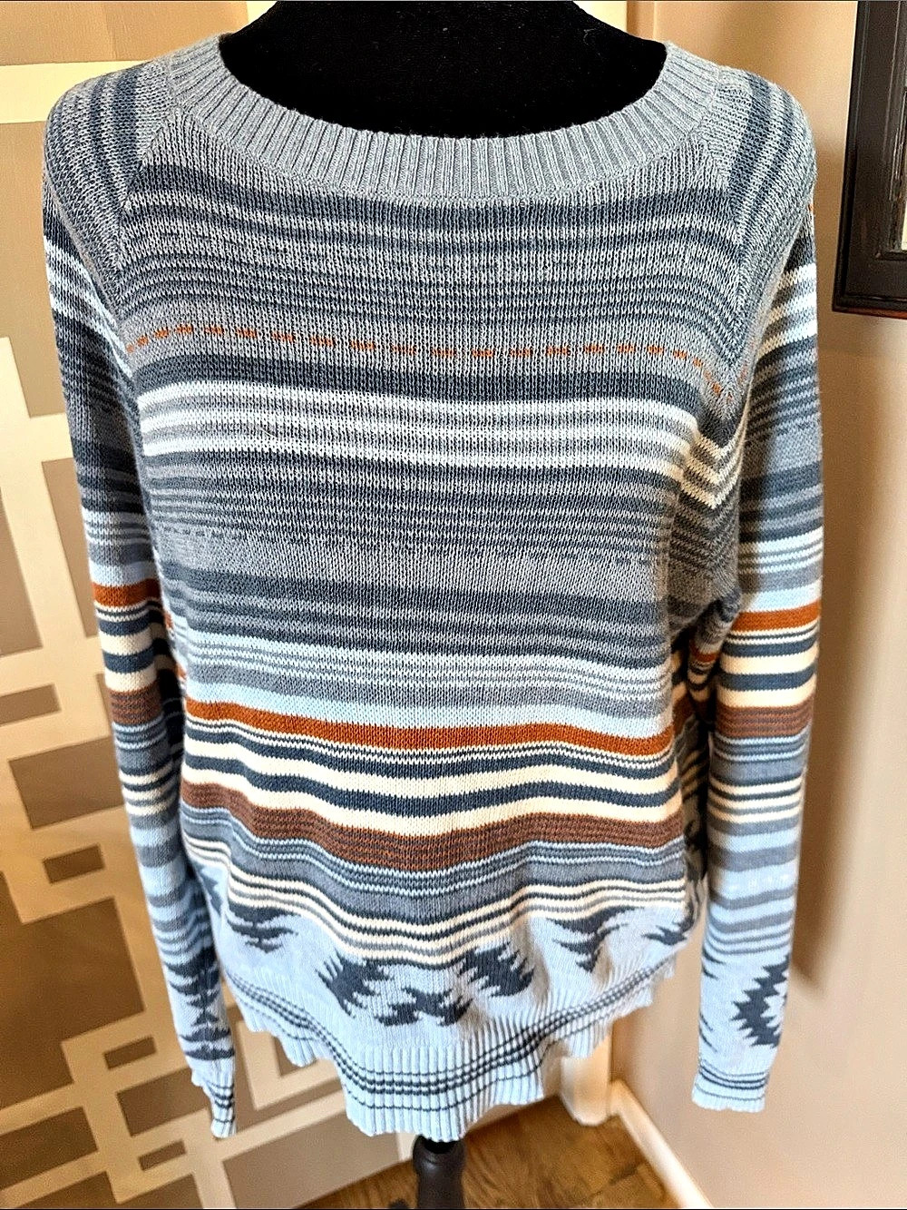 Pendleton Cotton Stripe Raglan Pullover Sweater Blue Rust Sz M EXCELLENT COND